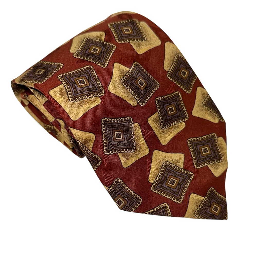 Vtg Valentino Cravatte Mens Tie Silk Red Gold Square Geometric 58x3.5” Italy